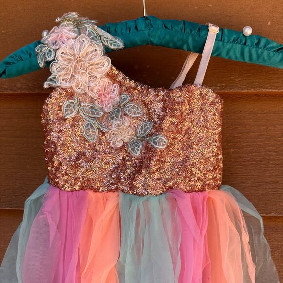 Sequin Dance Costume With Floral Applique & Multicolor Chiffon Skirt Girls Inter - Picture 4 of 10